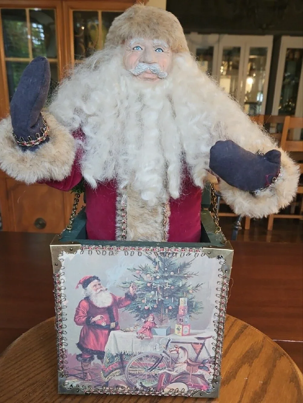 Vintage Old World Folk Art Santa Figure In Decorated Display Wooden Holiday Box